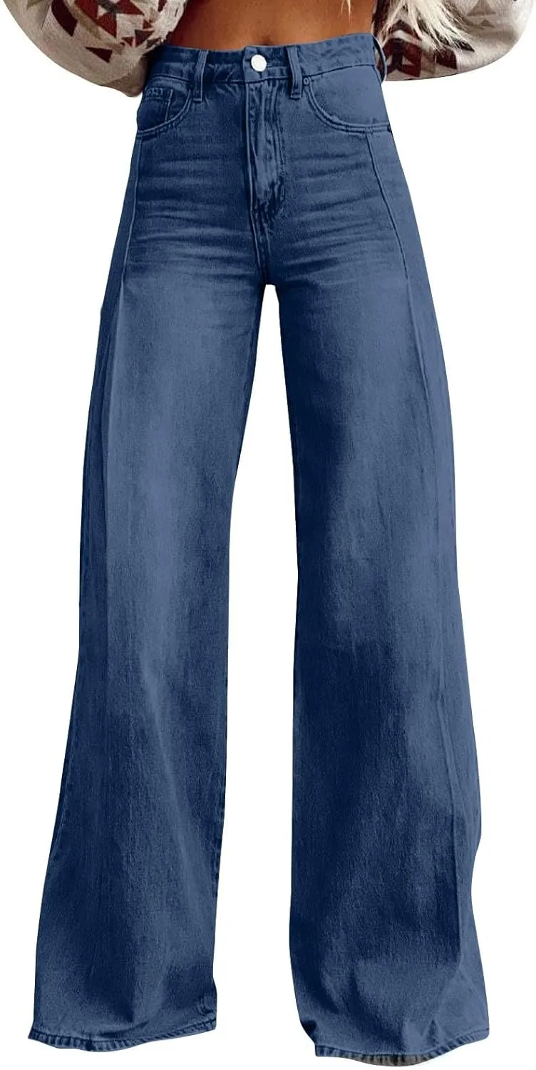 FlekmanArt Wide Leg Jeans for Women Cropped High Waisted Trendy Button Fly Patch Pockets Stretchy Denim Pants Trousers Jeans