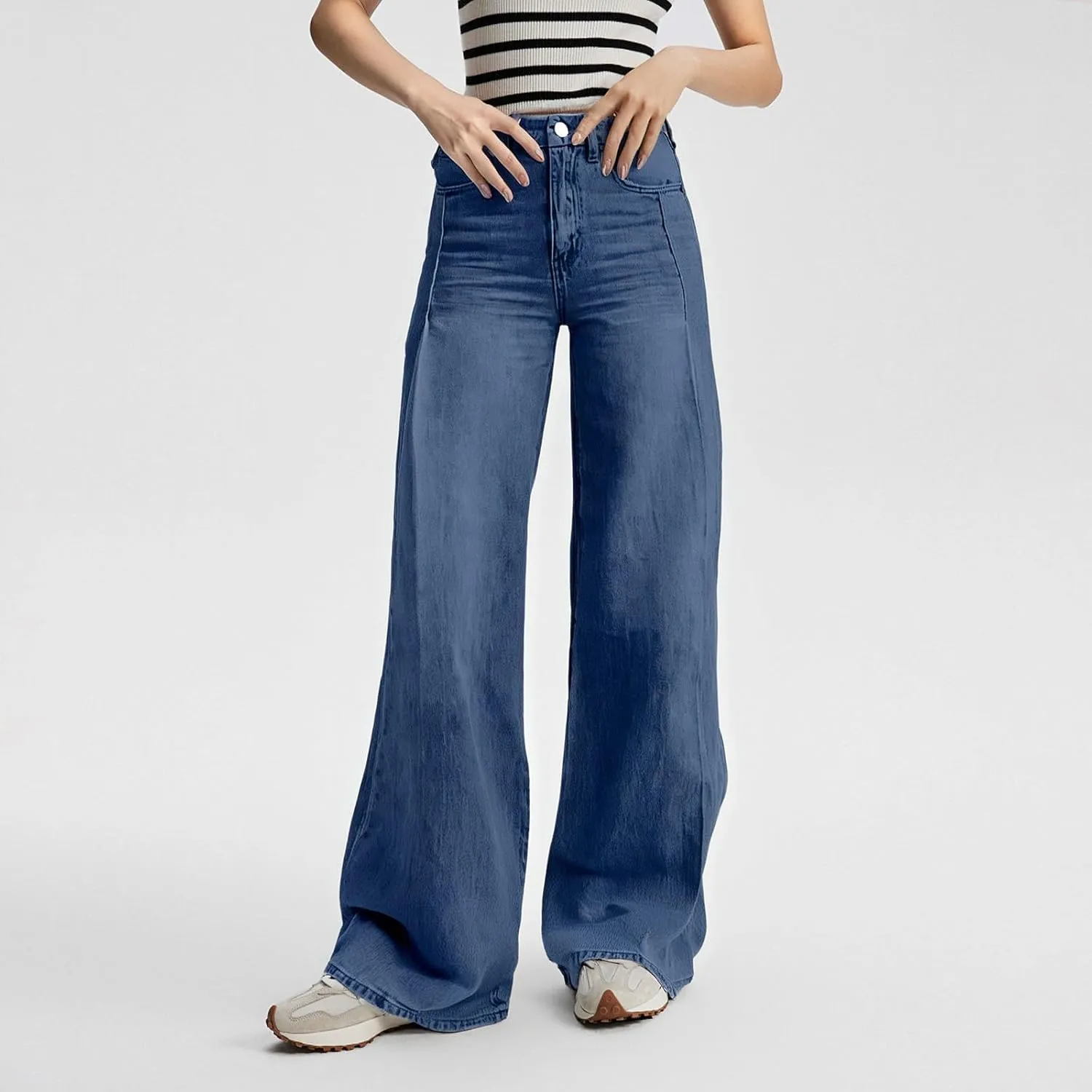 FlekmanArt Wide Leg Jeans for Women Cropped High Waisted Trendy Button Fly Patch Pockets Stretchy Denim Pants Trousers Jeans