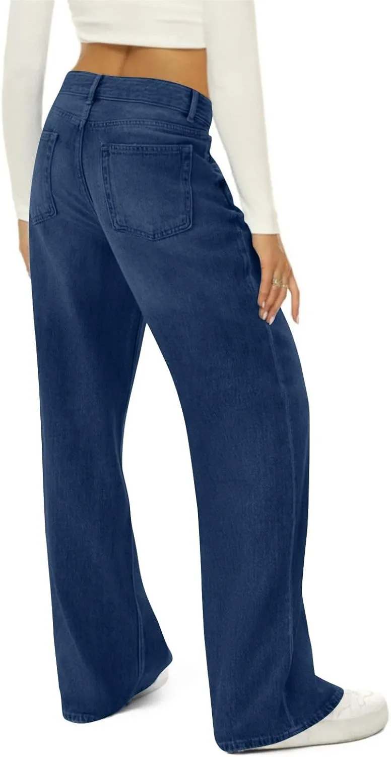 FlekmanArt Wide Leg Jeans for Women Cropped High Waisted Trendy Button Fly Patch Pockets Stretchy Denim Pants Trousers Jeans