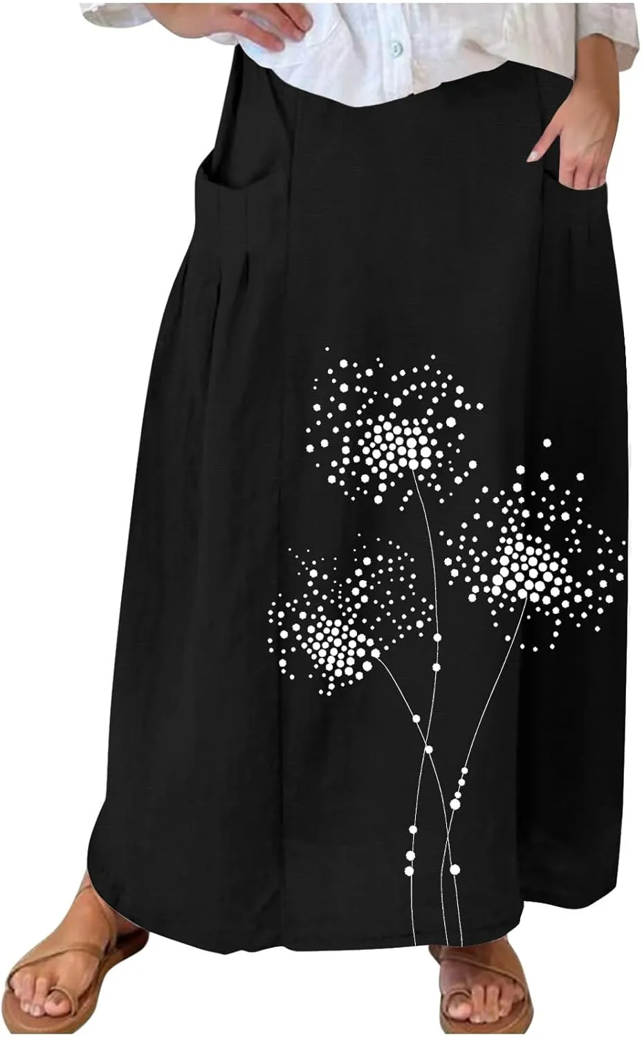 FZYLQY Women's Elastic High Waist Long Skirts Plus Size Casual Loose Skirts with Pockets Pleated A-Line Swing Skirt Dress