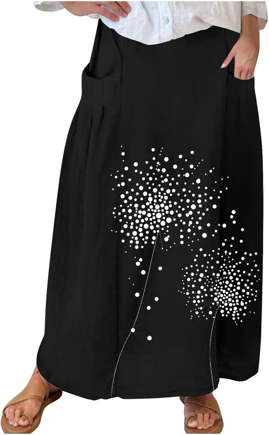 FZYLQY Women's Elastic High Waist Long Skirts Plus Size Casual Loose Skirts with Pockets Pleated A-Line Swing Skirt Dress