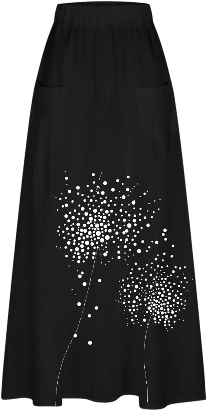 FZYLQY Women's Elastic High Waist Long Skirts Plus Size Casual Loose Skirts with Pockets Pleated A-Line Swing Skirt Dress