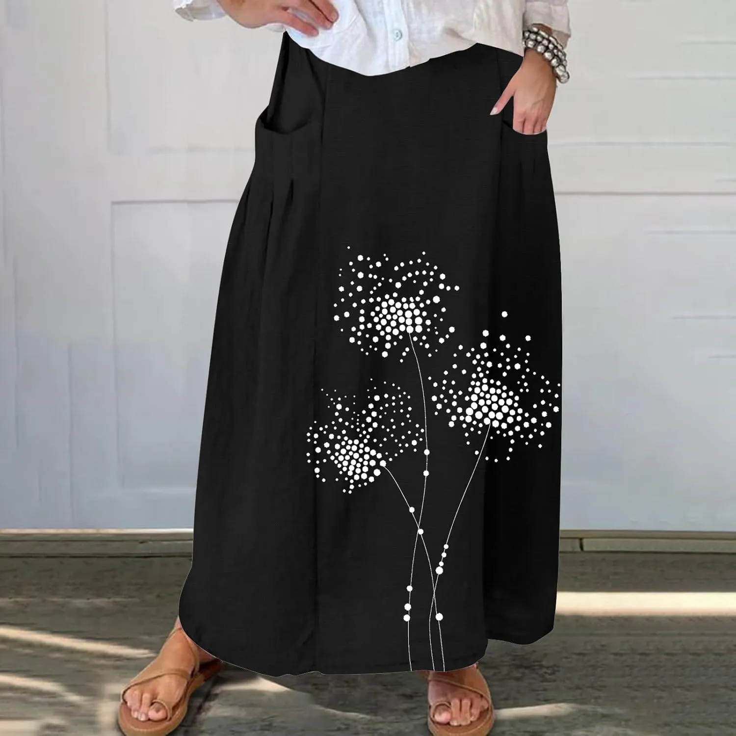 FZYLQY Women's Elastic High Waist Long Skirts Plus Size Casual Loose Skirts with Pockets Pleated A-Line Swing Skirt Dress