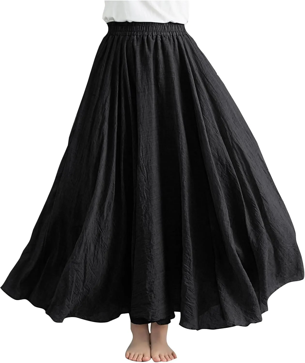 FZYLQY Womens Linen Maxi Skirts Summer Boho Solid Beach Elastic High Waist Pleated A-Line Flowy Swing Long Maxi Skirts