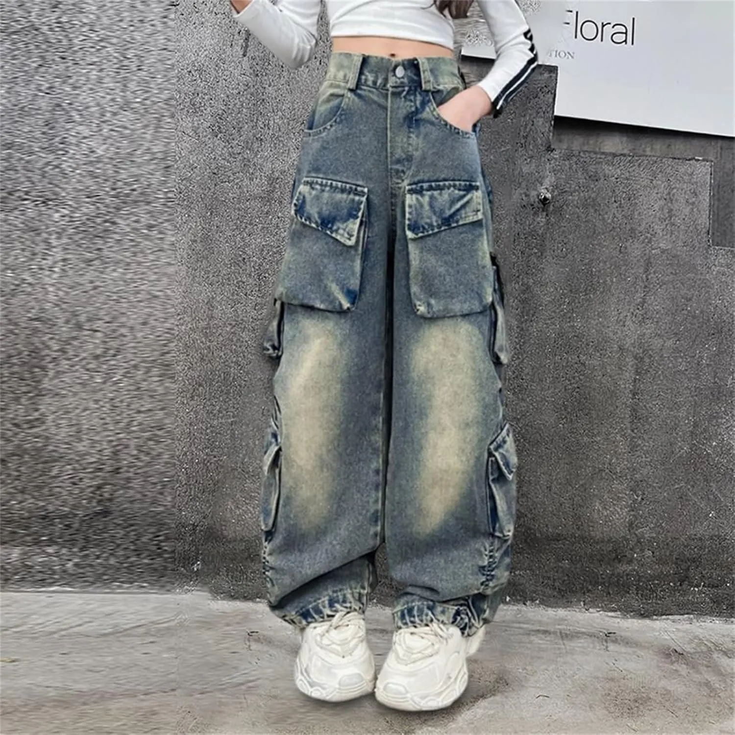 Girls's Jeans - Wide Leg Flare Cargo Jeans - Boot Cut Bell Bottom Denim Pants - Baggy Blue Jeans for Girls