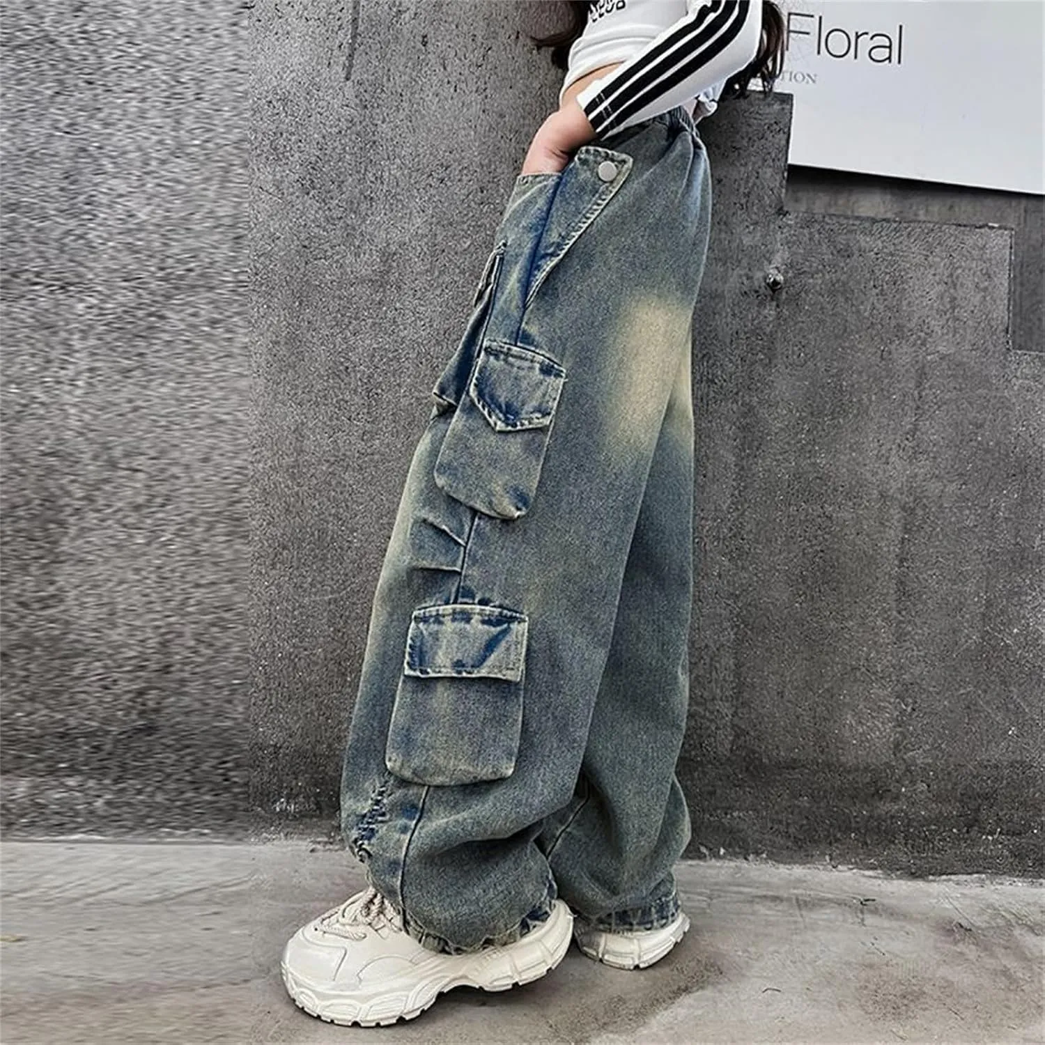 Girls's Jeans - Wide Leg Flare Cargo Jeans - Boot Cut Bell Bottom Denim Pants - Baggy Blue Jeans for Girls