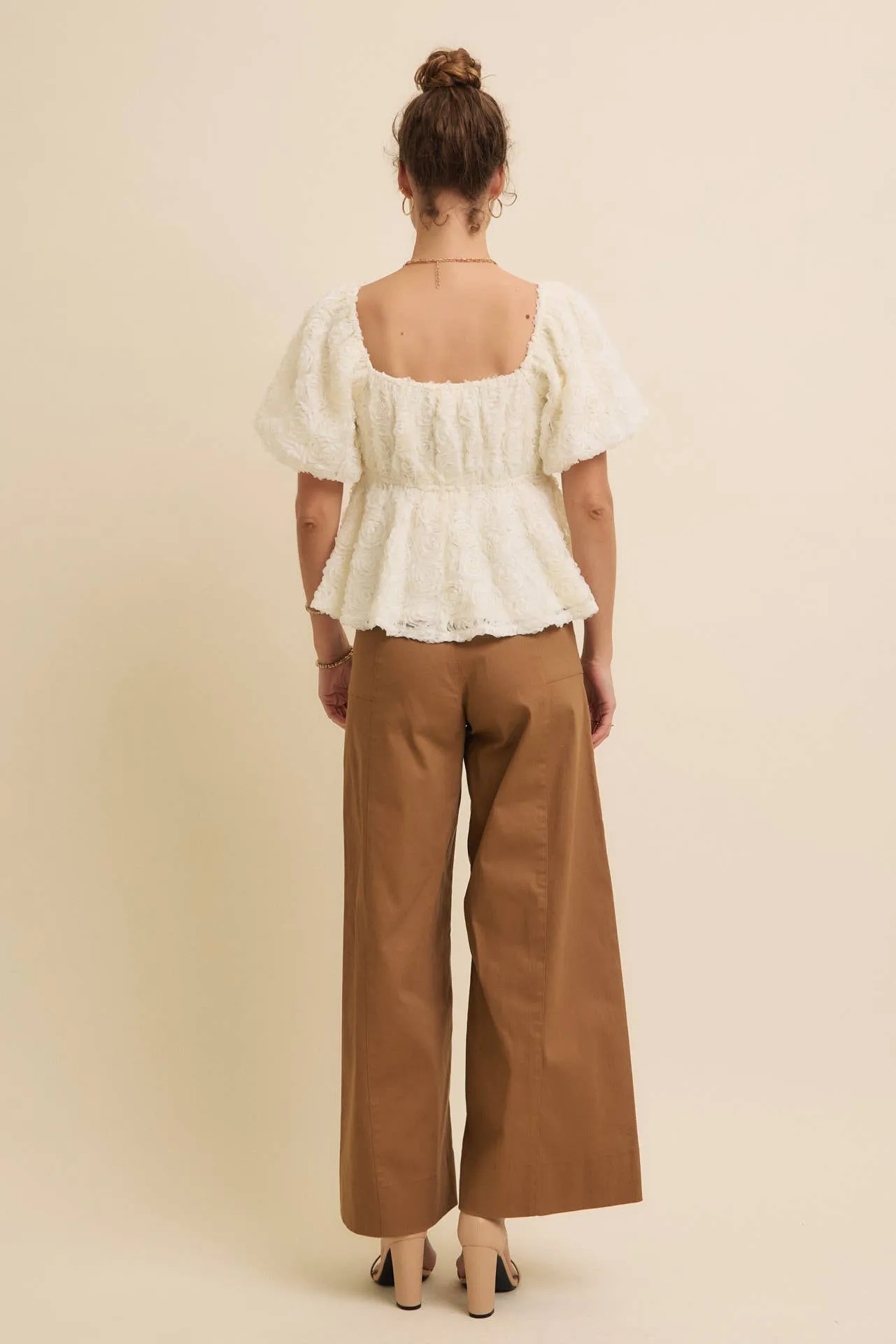 In February - FLATTERING WIDE LEG FULL-LENGTH STRETCHY COTTON TWILL PANTS - BURGUNDY