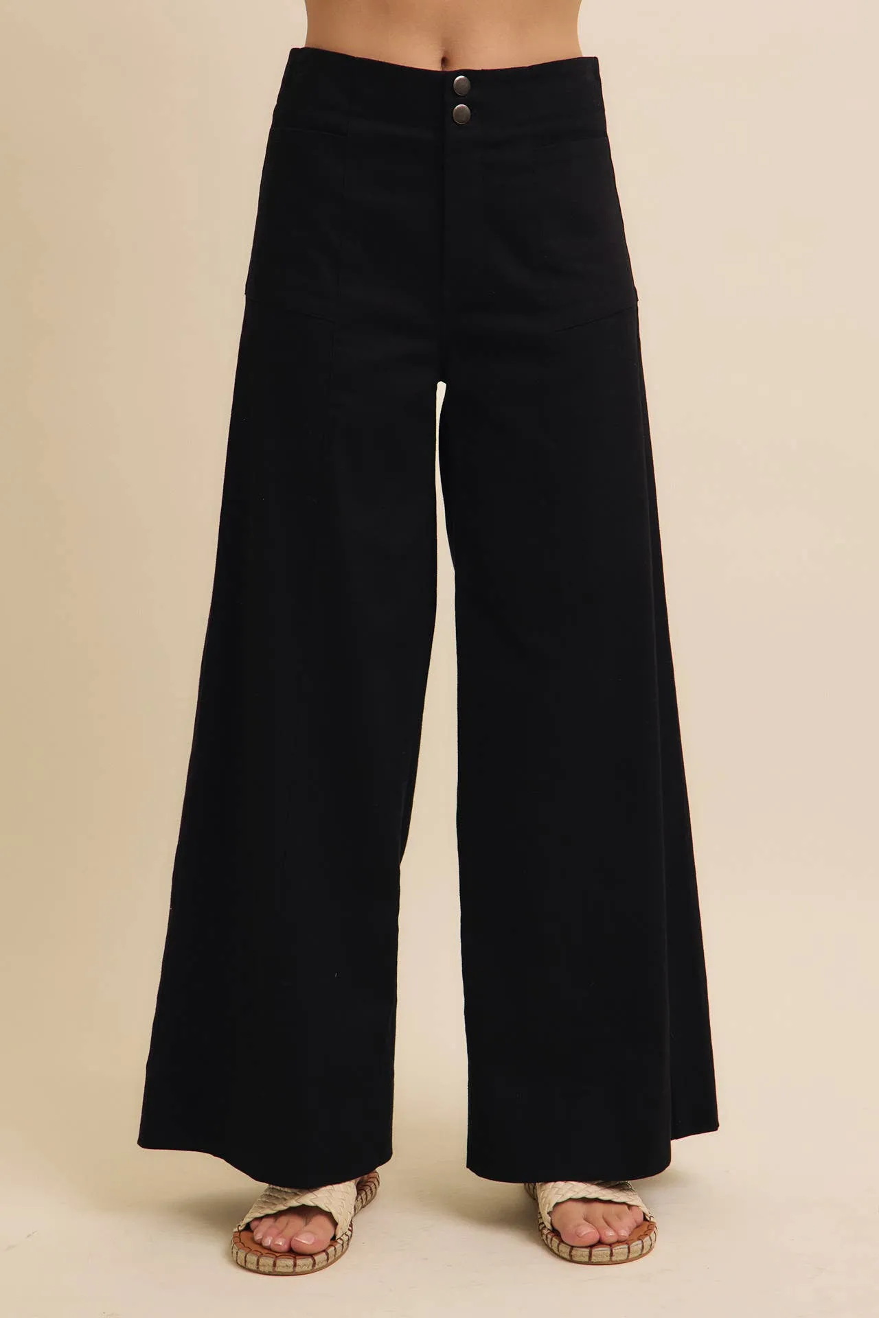 In February - FLATTERING WIDE LEG FULL-LENGTH STRETCHY COTTON TWILL PANTS - BURGUNDY