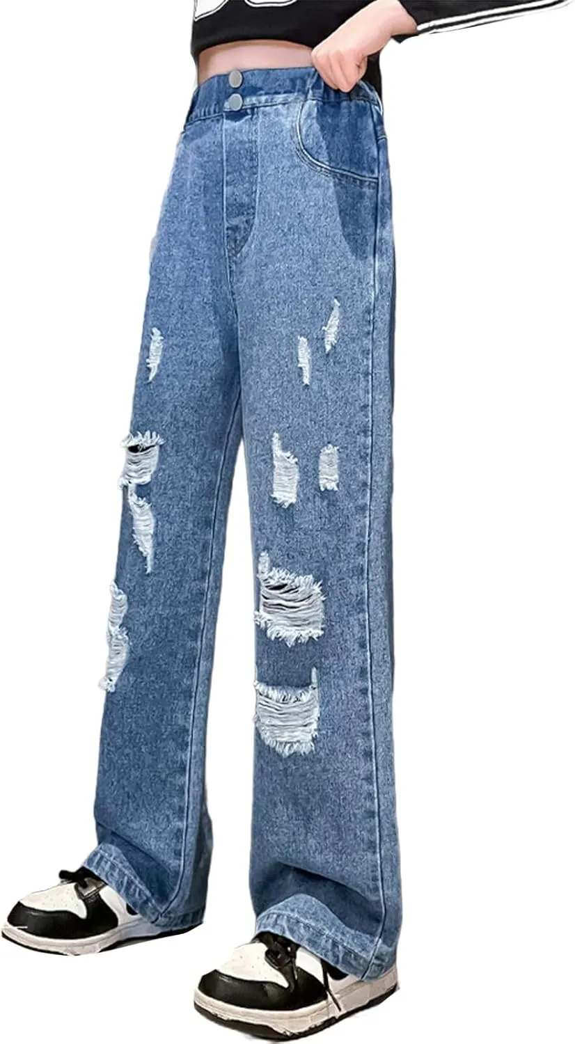 Kids Aesthetic Jeans Ripped Jeans for Teens Girls Wide Leg Jeans High Waisted Straight Leg Baggy Jeans Kids Y2K