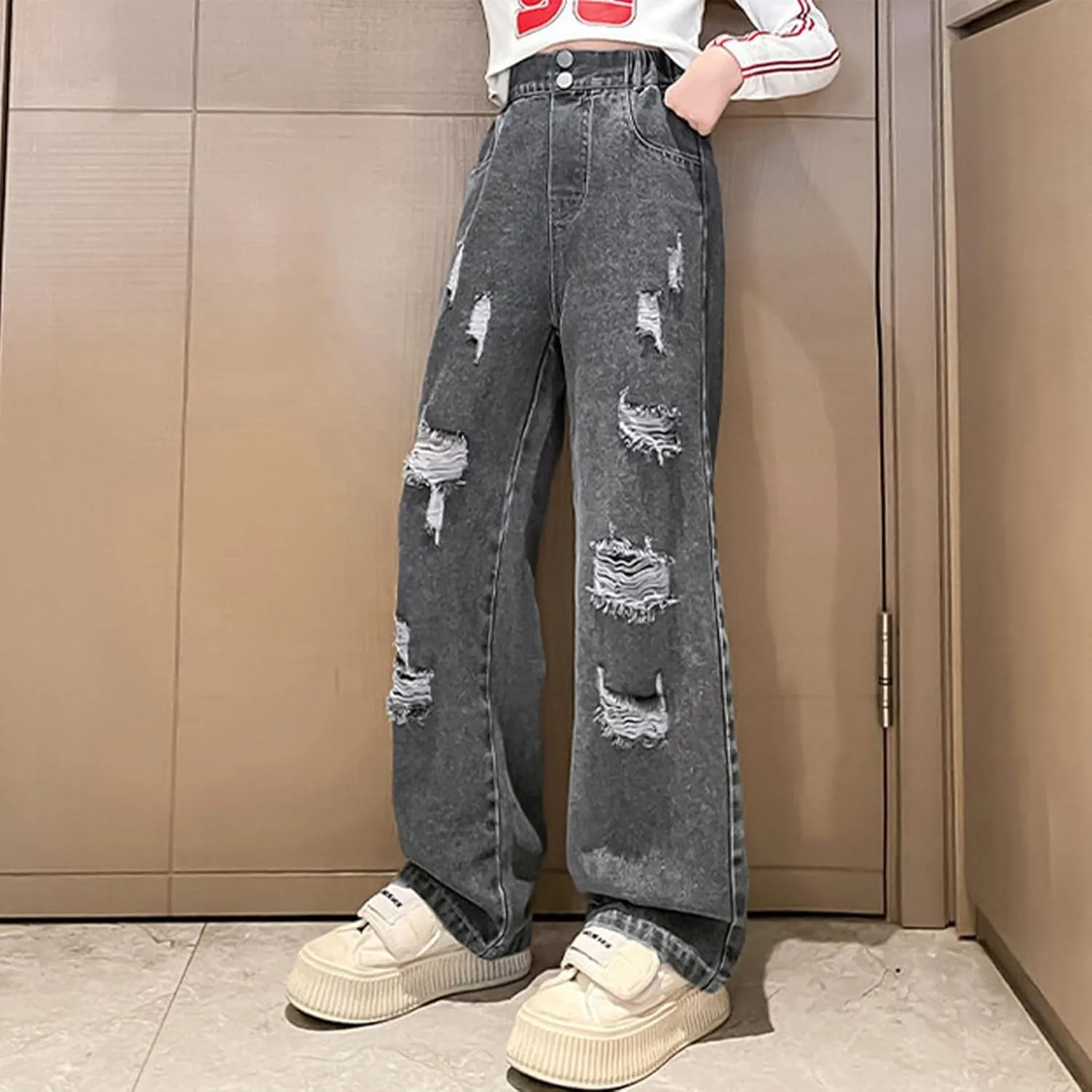 Kids Aesthetic Jeans Ripped Jeans for Teens Girls Wide Leg Jeans High Waisted Straight Leg Baggy Jeans Kids Y2K