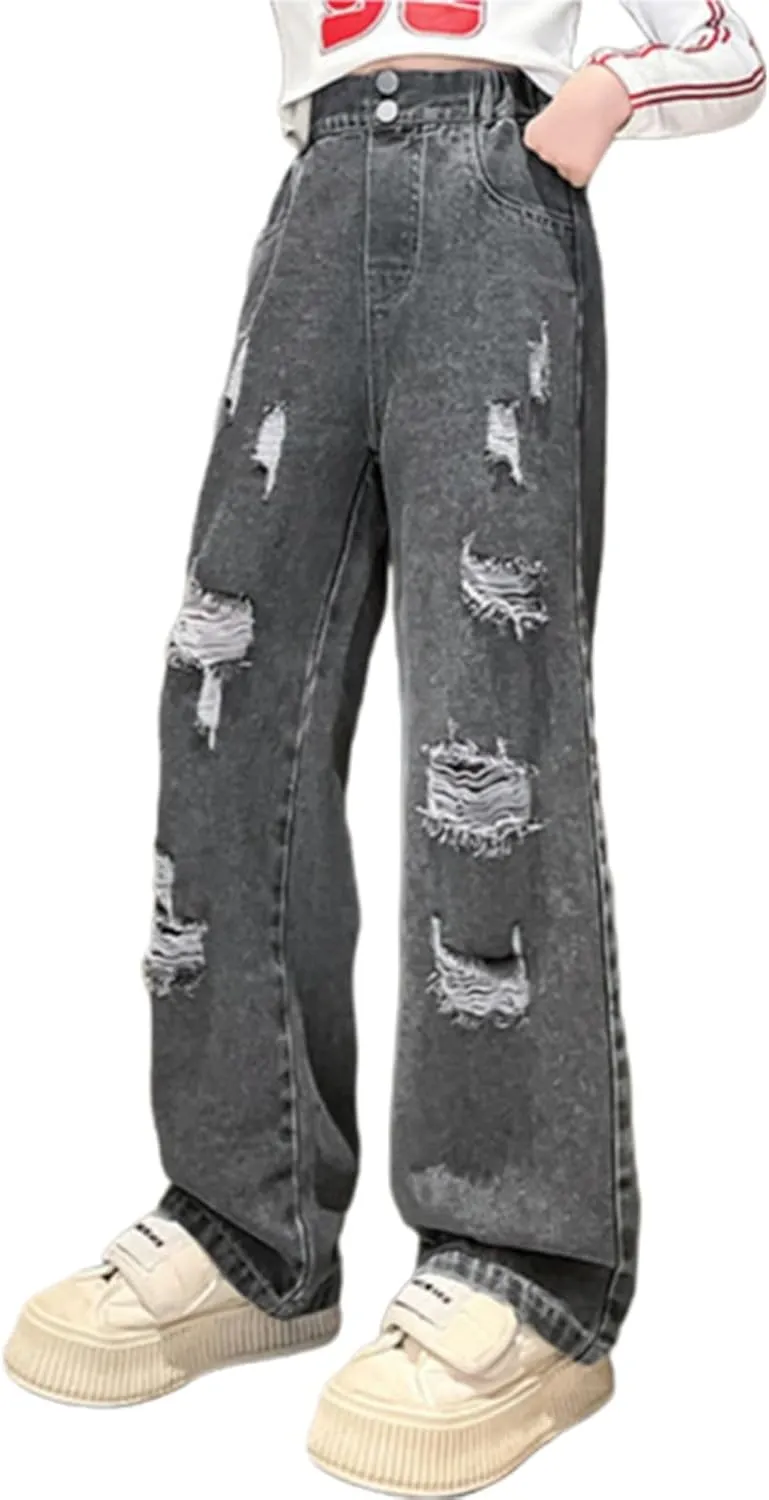 Kids Aesthetic Jeans Ripped Jeans for Teens Girls Wide Leg Jeans High Waisted Straight Leg Baggy Jeans Kids Y2K