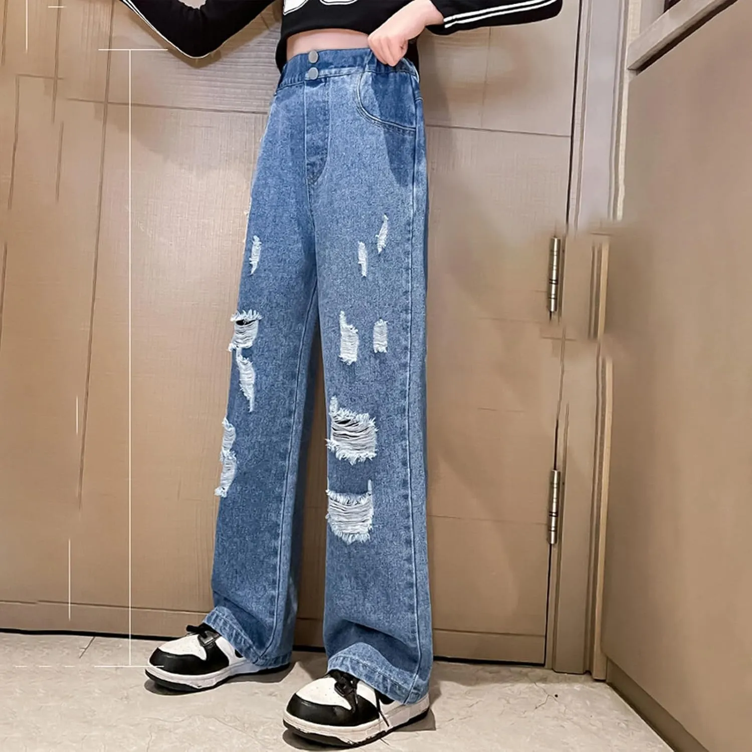 Kids Aesthetic Jeans Ripped Jeans for Teens Girls Wide Leg Jeans High Waisted Straight Leg Baggy Jeans Kids Y2K