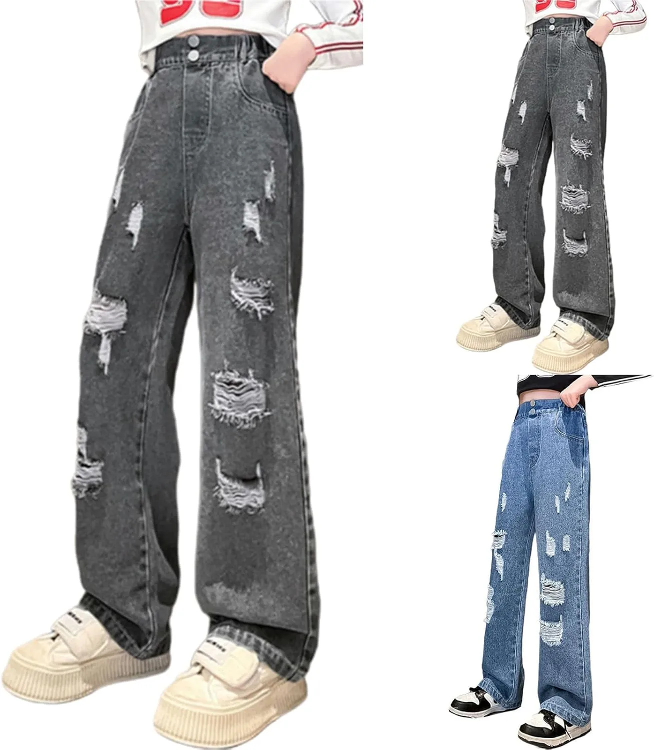 Kids Aesthetic Jeans Ripped Jeans for Teens Girls Wide Leg Jeans High Waisted Straight Leg Baggy Jeans Kids Y2K