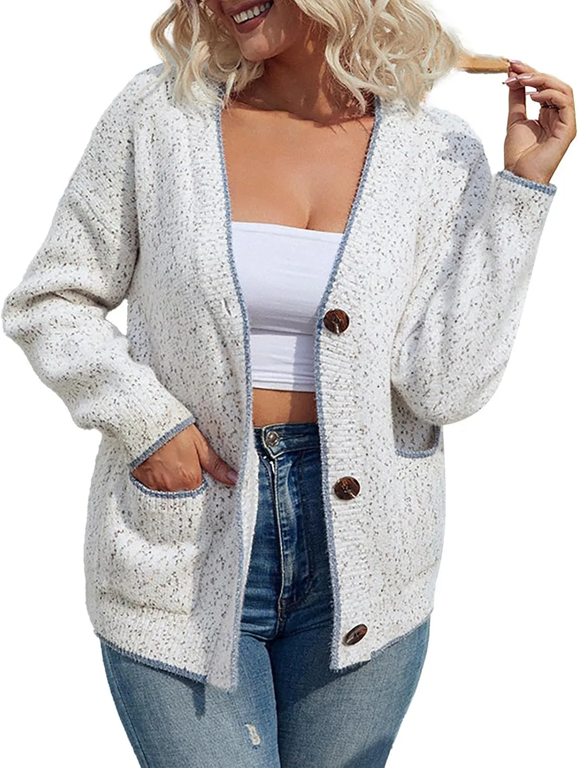 Knitted Cardigans for Women Cropped Open Front Button Down V Neck Long Sleeve Sweater Coats with Pockets Casual Soft Outwear
