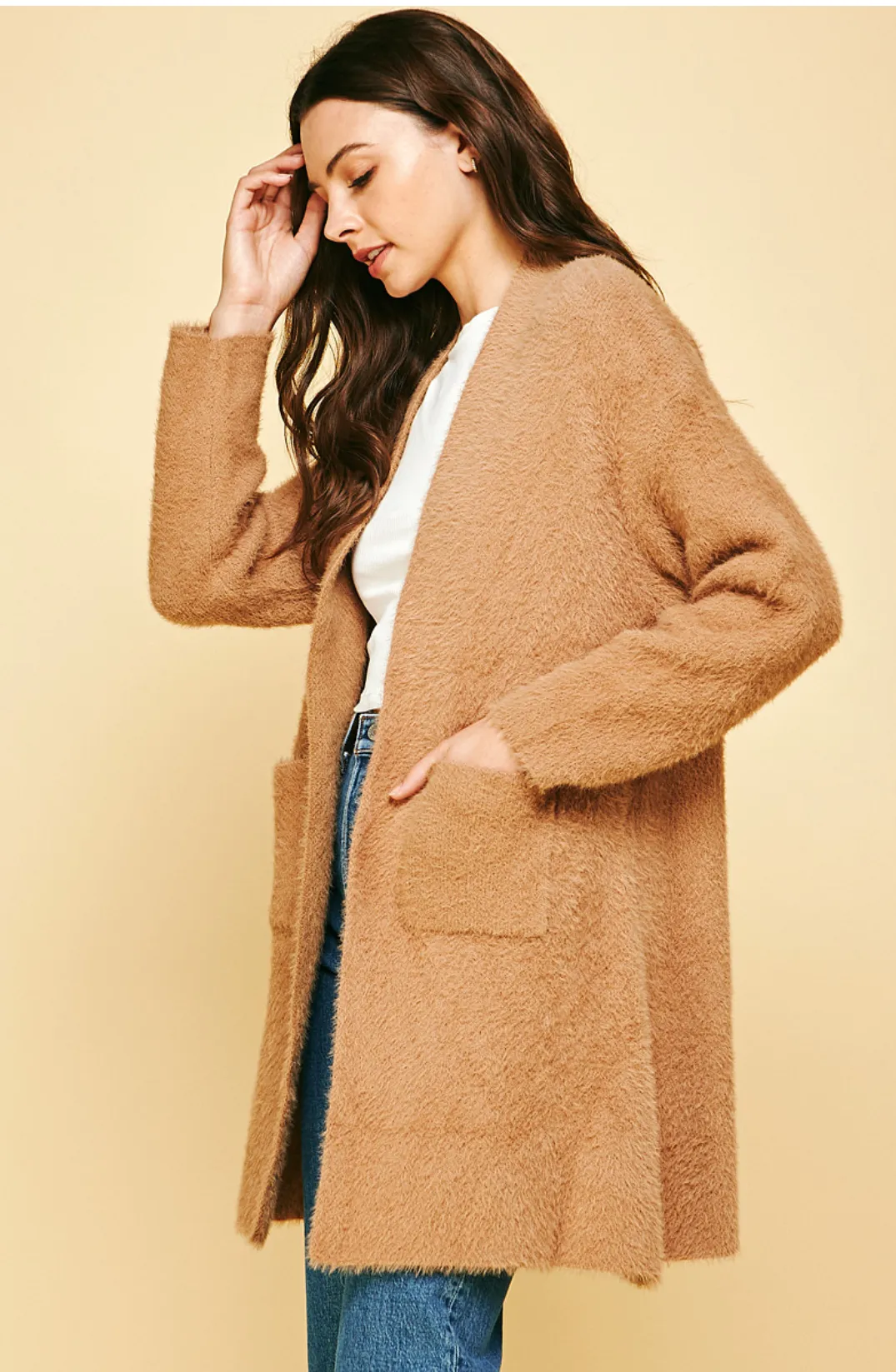 luxe brushed eyelash duster cardigan - camel