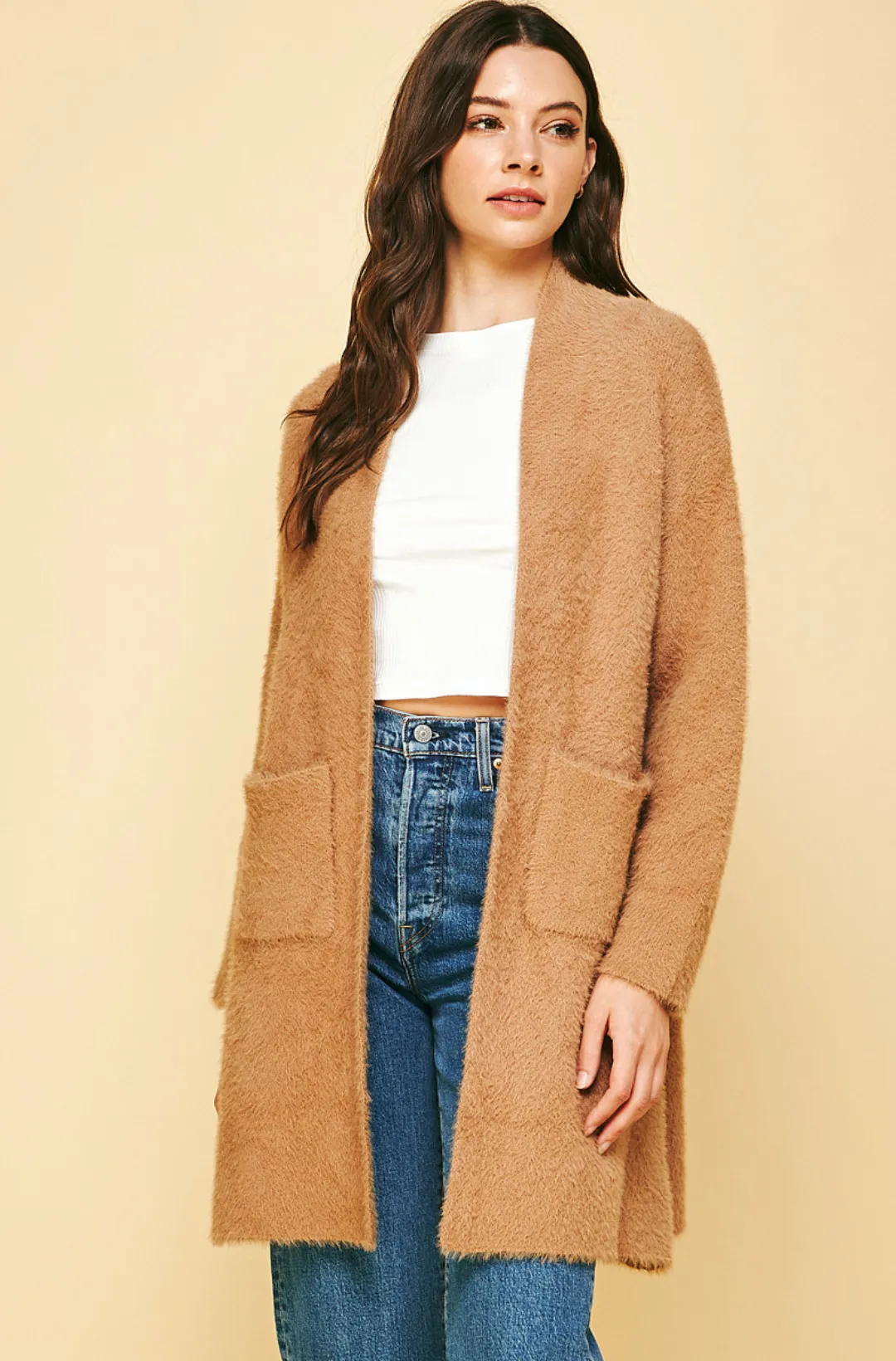 luxe brushed eyelash duster cardigan - camel