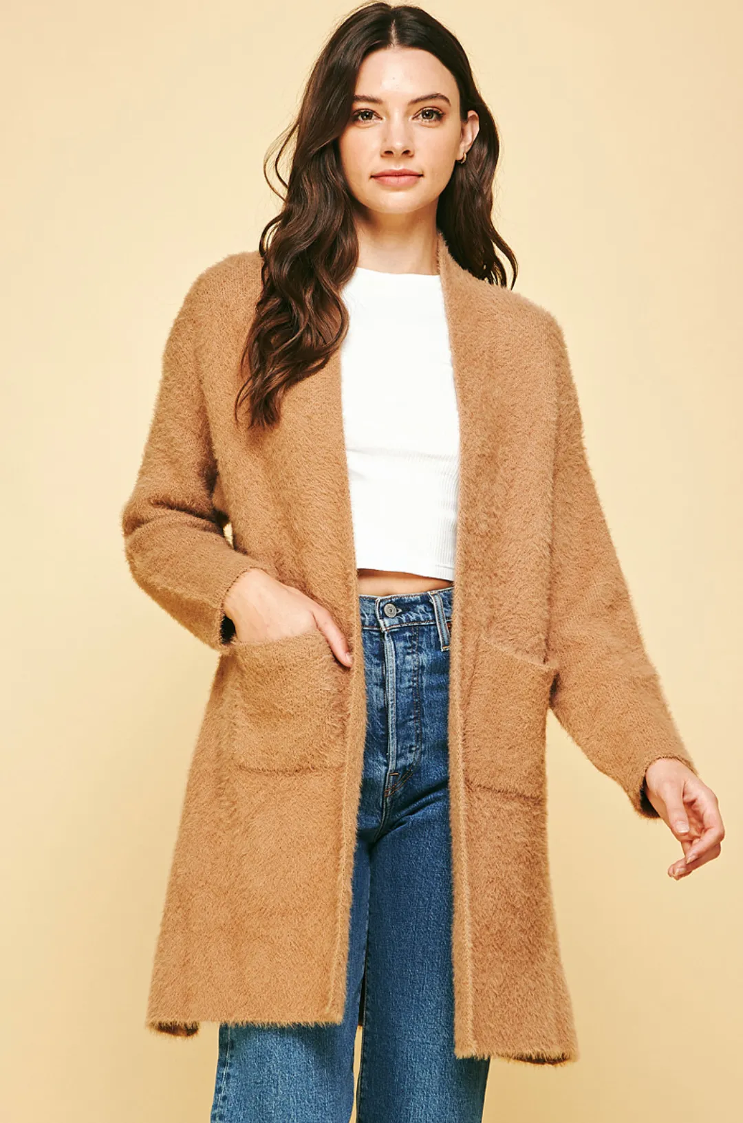 luxe brushed eyelash duster cardigan - camel