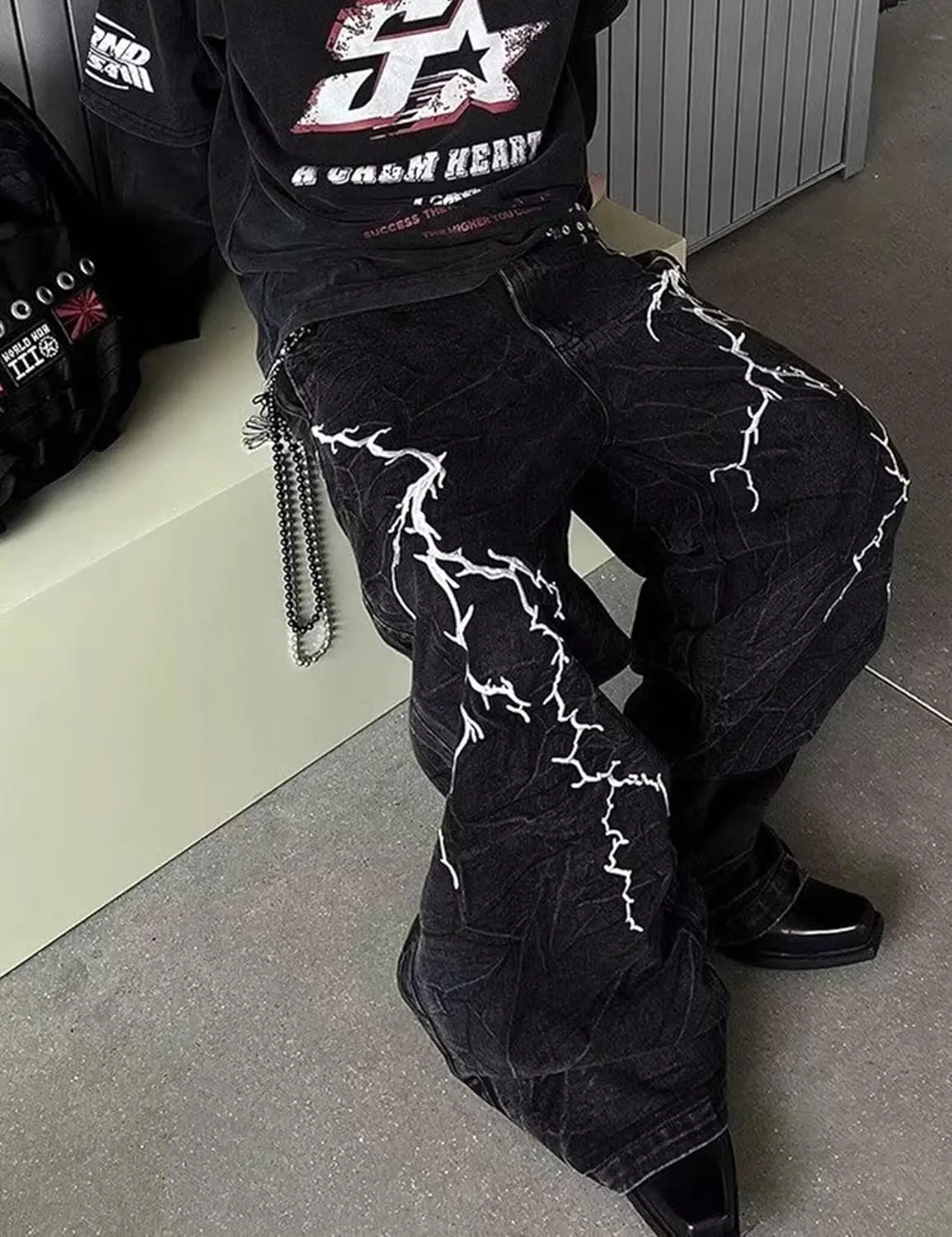Men Baggy Black Jeans Y2k Relaxed Fit Graphic Jeans Cool Pants Wide Leg Skater Jean Streetwear