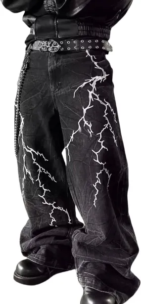 Men Baggy Black Jeans Y2k Relaxed Fit Graphic Jeans Cool Pants Wide Leg Skater Jean Streetwear