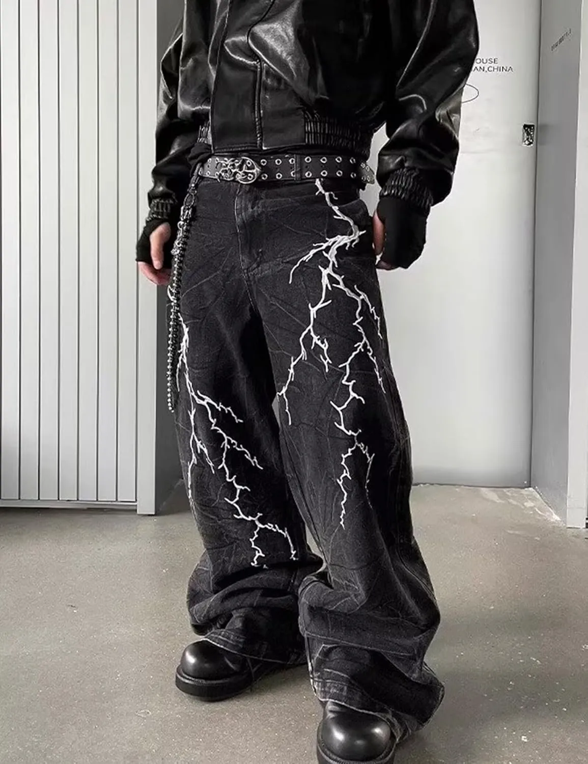 Men Baggy Black Jeans Y2k Relaxed Fit Graphic Jeans Cool Pants Wide Leg Skater Jean Streetwear