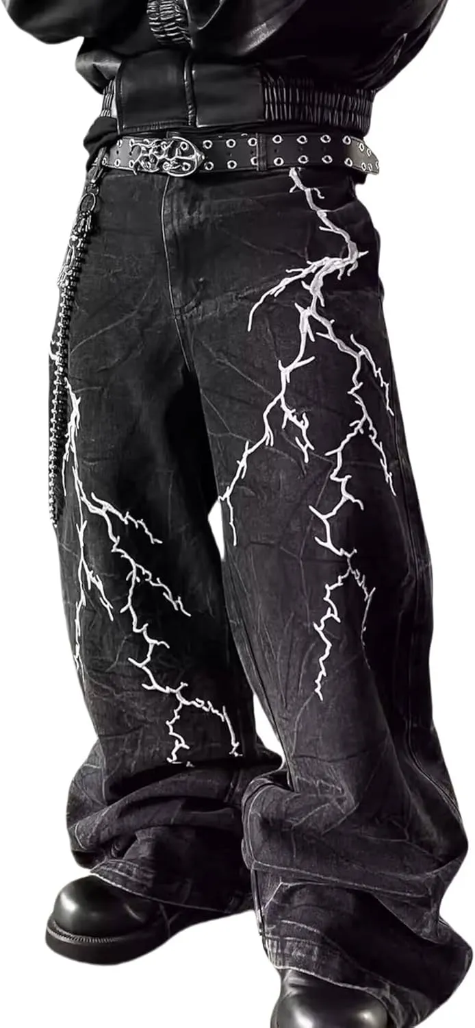 Men Baggy Black Jeans Y2k Relaxed Fit Graphic Jeans Cool Pants Wide Leg Skater Jean Streetwear