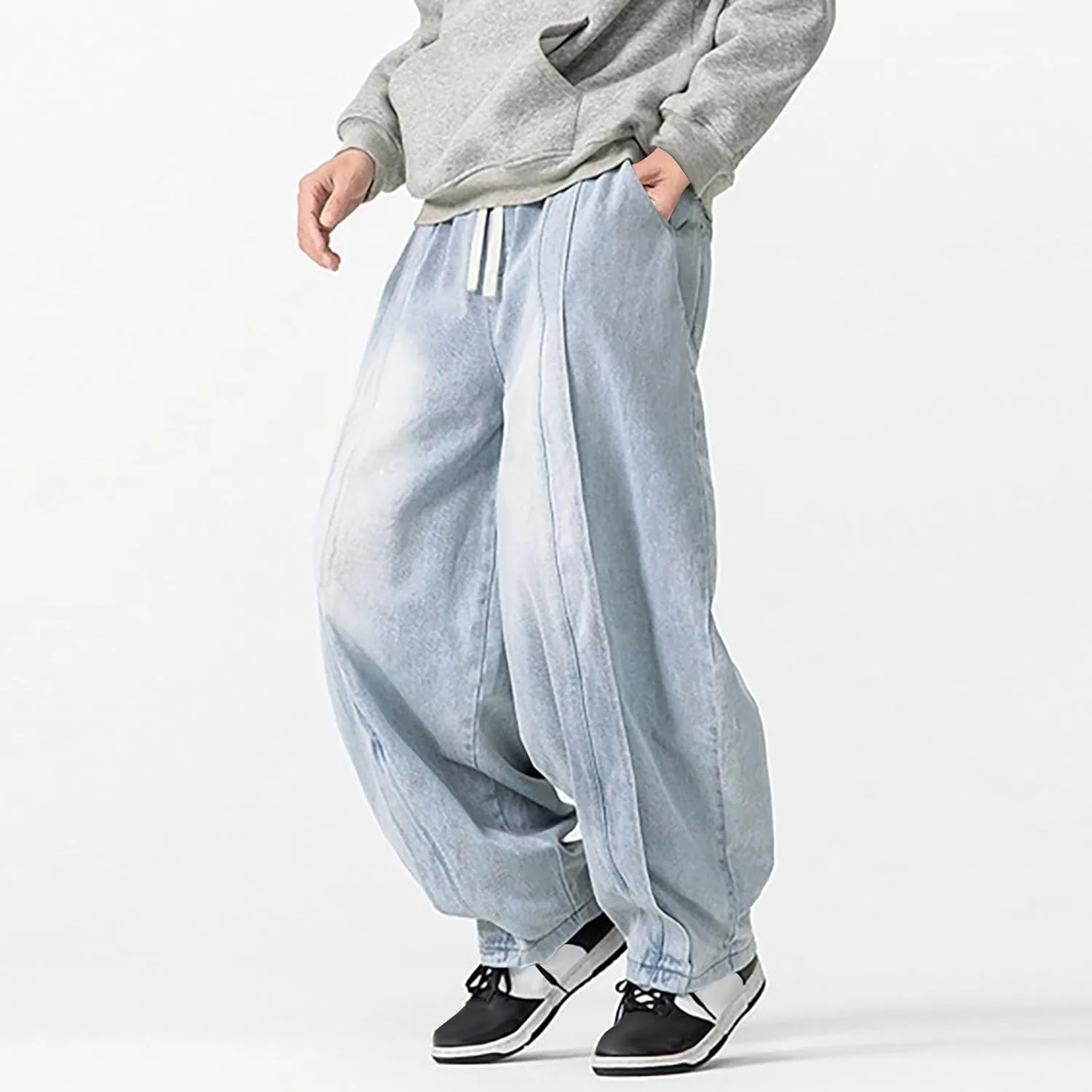 Mens Baggy Jeans Relaxed Fit Harem Denim Pants Casual Wide Leg Elastic Waist Drawstring Tapered Jeans Pants