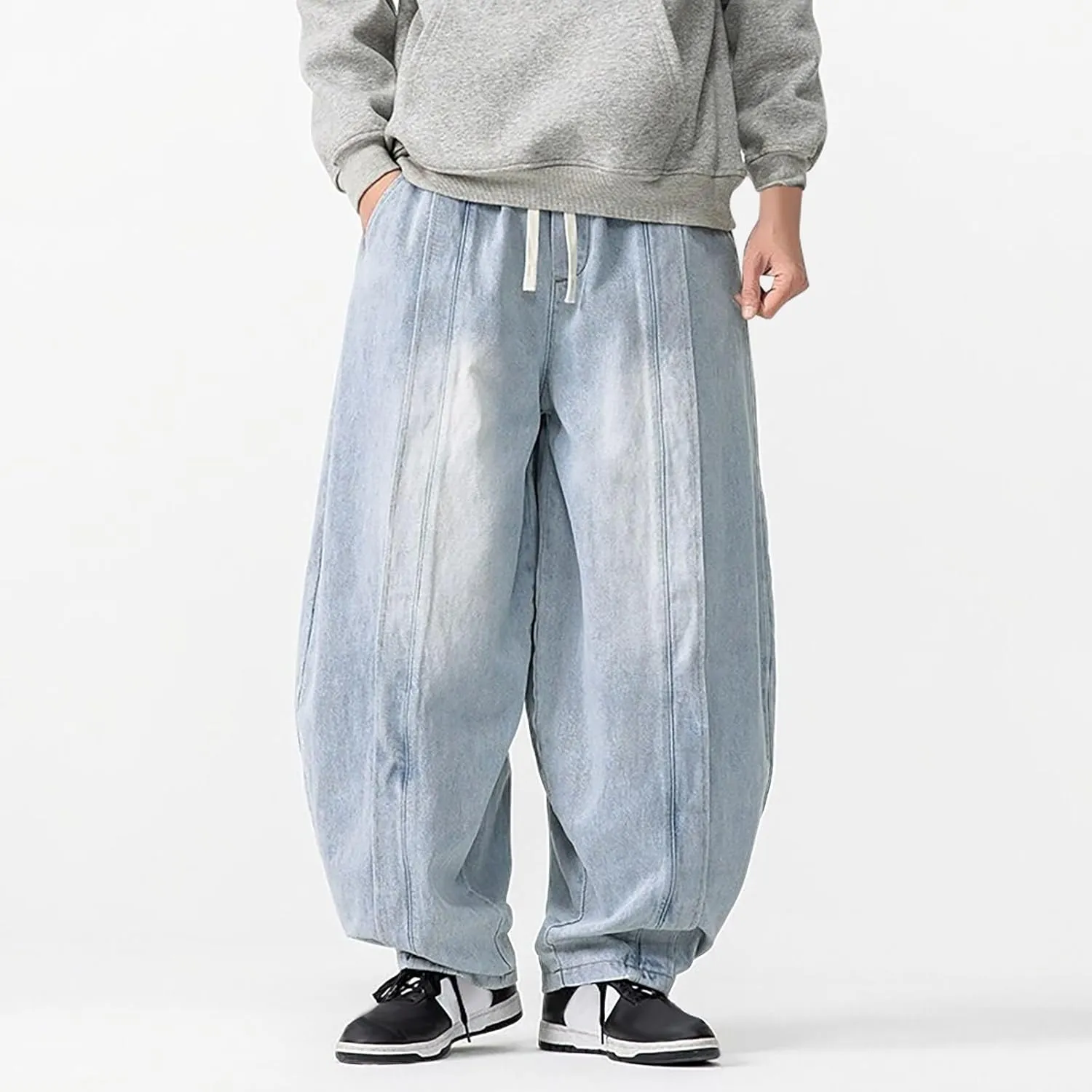 Mens Baggy Jeans Relaxed Fit Harem Denim Pants Casual Wide Leg Elastic Waist Drawstring Tapered Jeans Pants