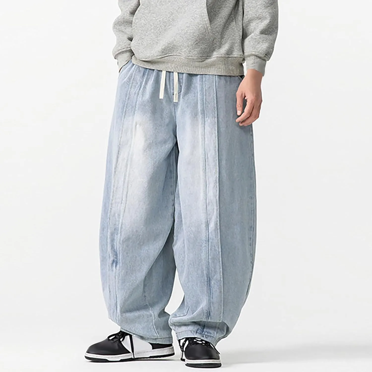 Mens Baggy Jeans Relaxed Fit Harem Denim Pants Casual Wide Leg Elastic Waist Drawstring Tapered Jeans Pants