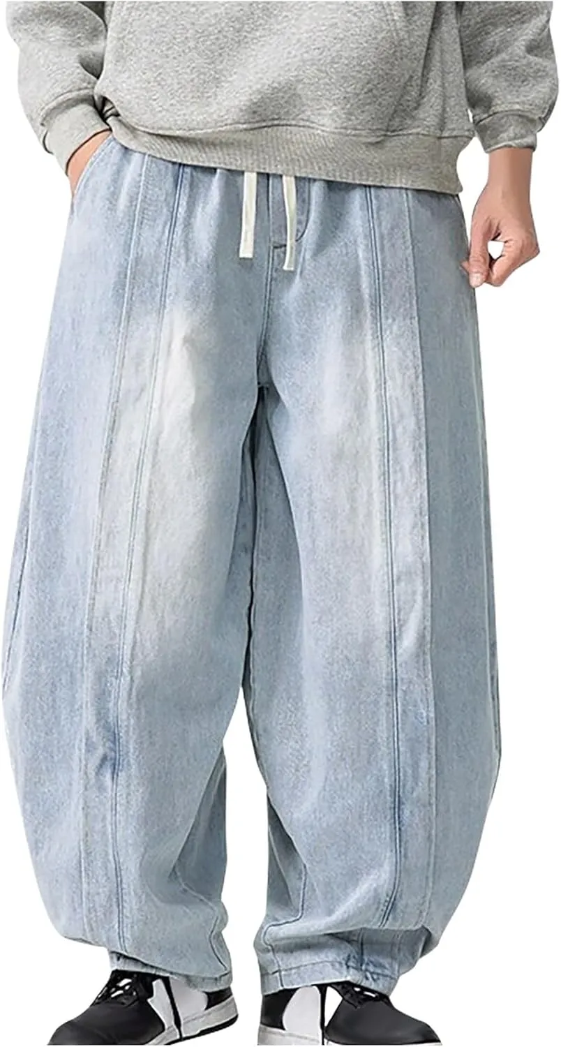 Mens Baggy Jeans Relaxed Fit Harem Denim Pants Casual Wide Leg Elastic Waist Drawstring Tapered Jeans Pants