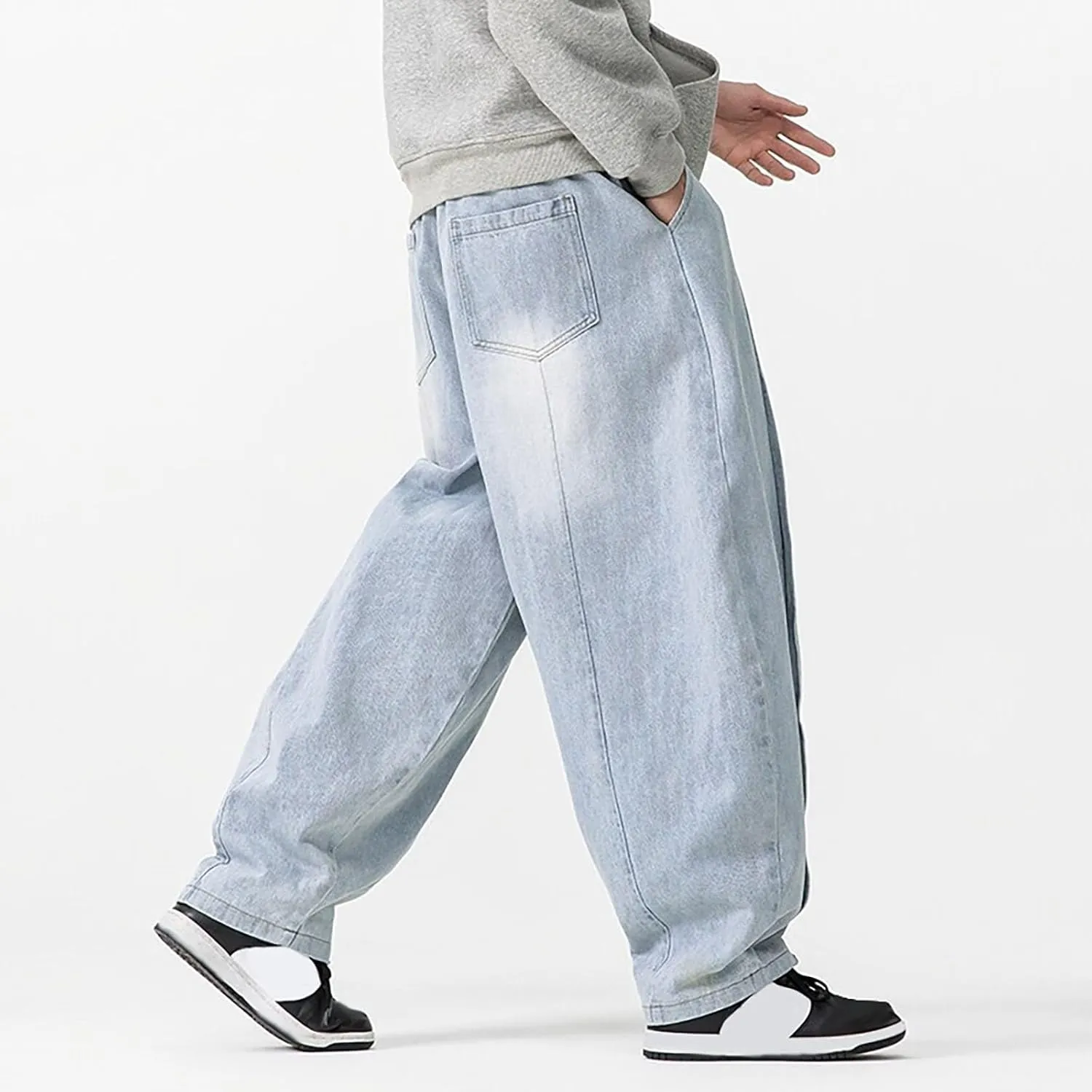 Mens Baggy Jeans Relaxed Fit Harem Denim Pants Casual Wide Leg Elastic Waist Drawstring Tapered Jeans Pants