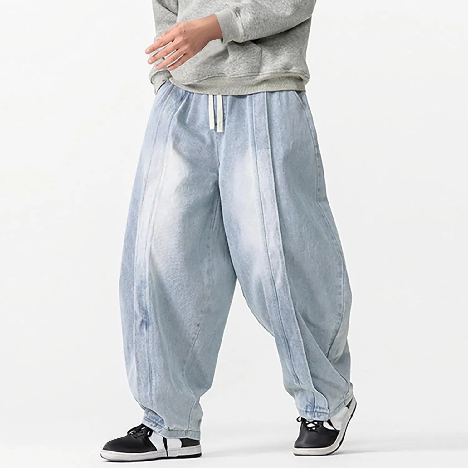 Mens Baggy Jeans Relaxed Fit Harem Denim Pants Casual Wide Leg Elastic Waist Drawstring Tapered Jeans Pants