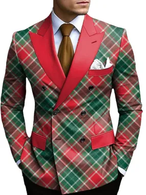 Men's Classic Red and Green Plaid Print Double Breasted Casual Blazer