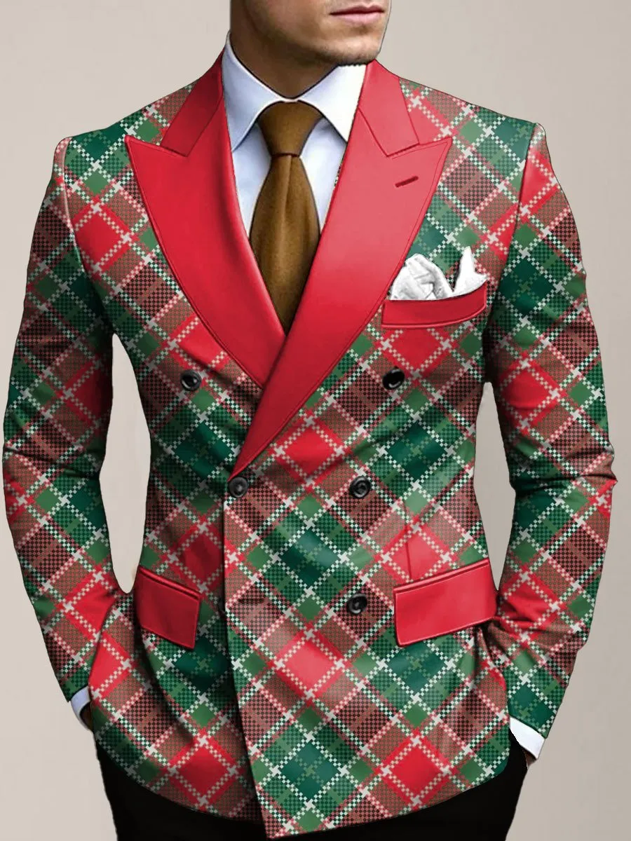 Men's Classic Red and Green Plaid Print Double Breasted Casual Blazer