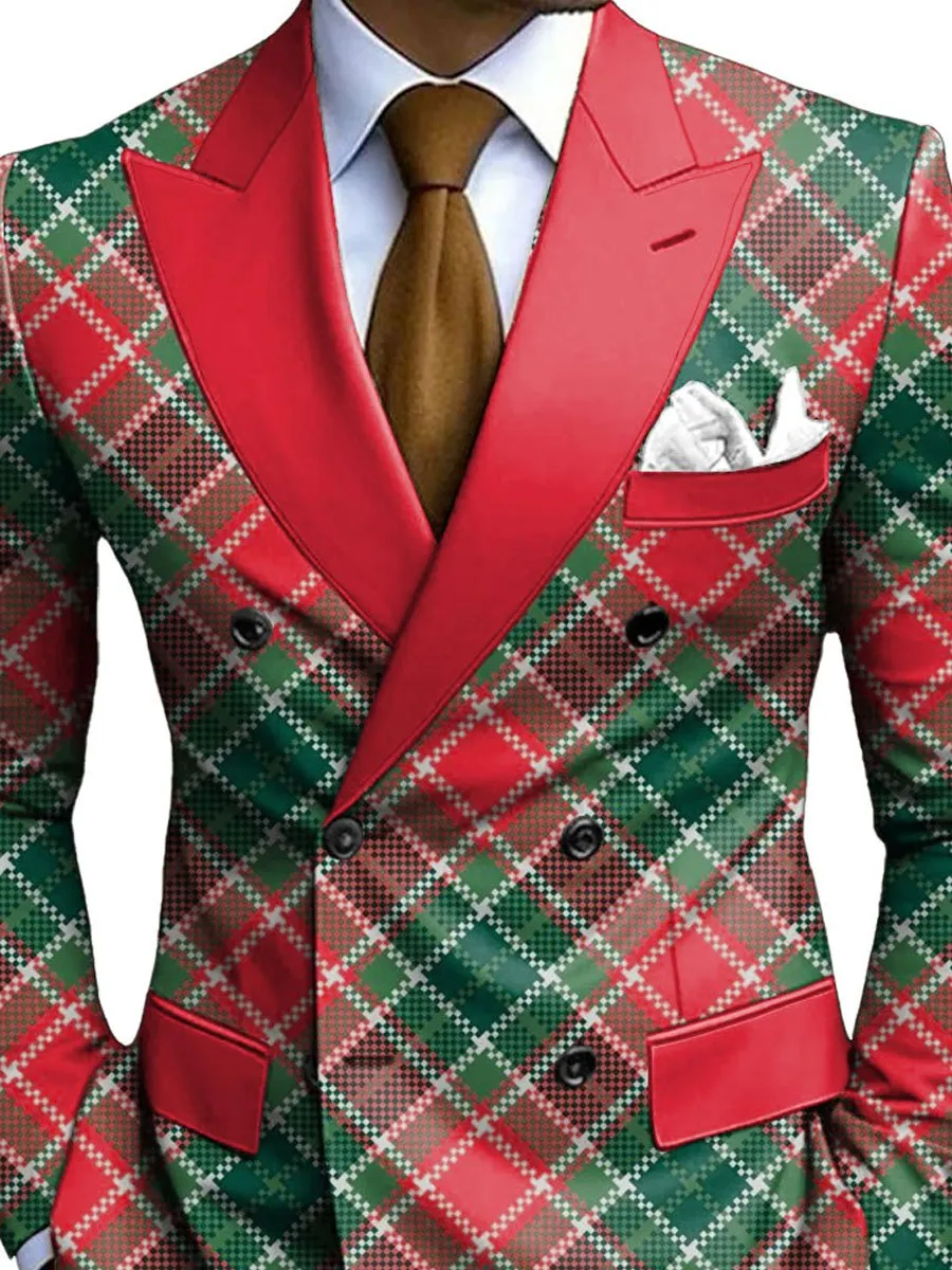 Men's Classic Red and Green Plaid Print Double Breasted Casual Blazer