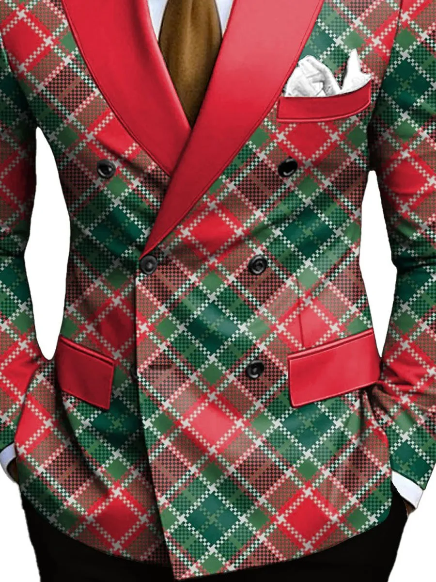 Men's Classic Red and Green Plaid Print Double Breasted Casual Blazer
