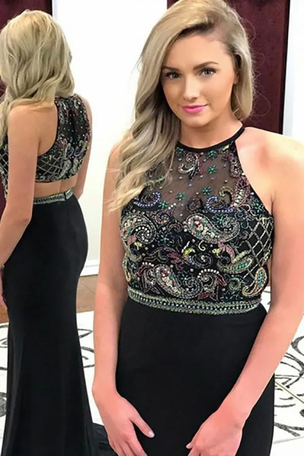 Mermaid Crew Sweep Train Black Stretch Satin Open Back Prom Dress with Beading LRA084