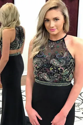 Mermaid Crew Sweep Train Black Stretch Satin Open Back Prom Dress with Beading LRA084