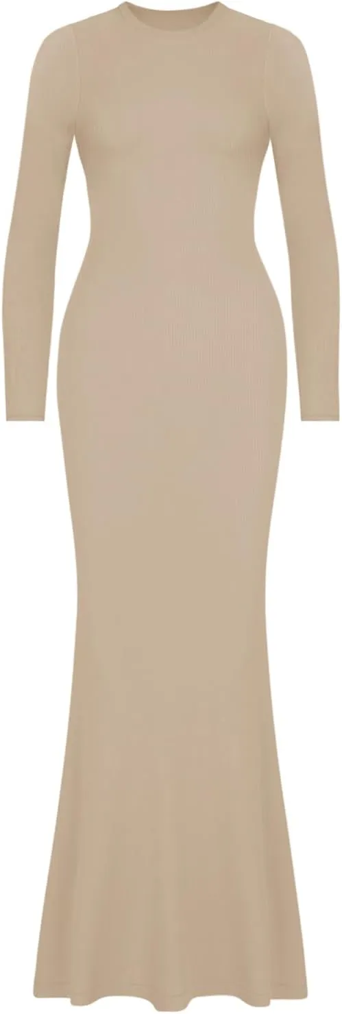 REORIA Women's Sexy Crew Neck Lounge Long Dress Elegant Long Sleeve Ribbed Bodycon Maxi Dresses