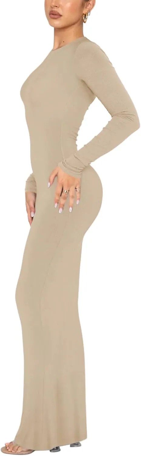 REORIA Women's Sexy Crew Neck Lounge Long Dress Elegant Long Sleeve Ribbed Bodycon Maxi Dresses