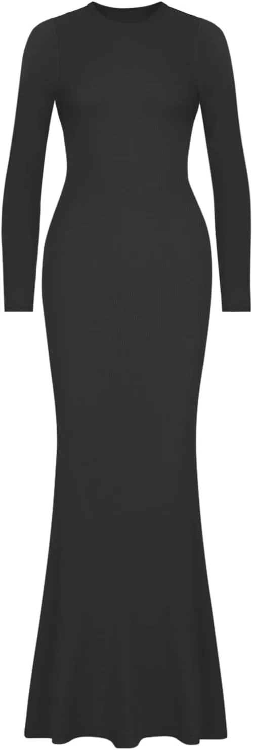 REORIA Women's Sexy Crew Neck Lounge Long Dress Elegant Long Sleeve Ribbed Bodycon Maxi Dresses