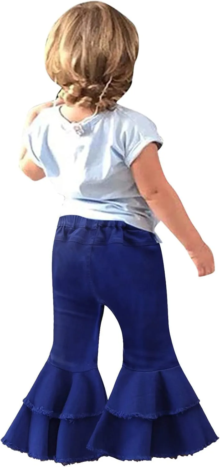 Ripped Jeans Toddler Baby Girl Flared Denim Pants Ruffled Wide Legs Jeans Kids High Waist Bell Bottom Pants Jeans Kids