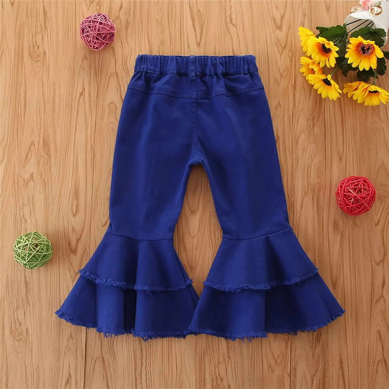 Ripped Jeans Toddler Baby Girl Flared Denim Pants Ruffled Wide Legs Jeans Kids High Waist Bell Bottom Pants Jeans Kids