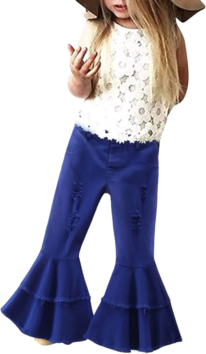 Ripped Jeans Toddler Baby Girl Flared Denim Pants Ruffled Wide Legs Jeans Kids High Waist Bell Bottom Pants Jeans Kids