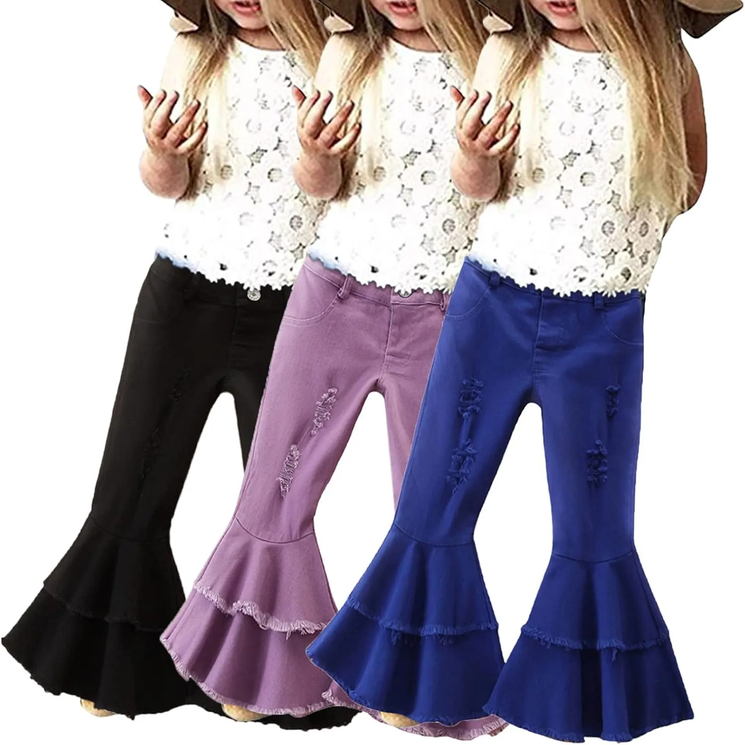 Ripped Jeans Toddler Baby Girl Flared Denim Pants Ruffled Wide Legs Jeans Kids High Waist Bell Bottom Pants Jeans Kids