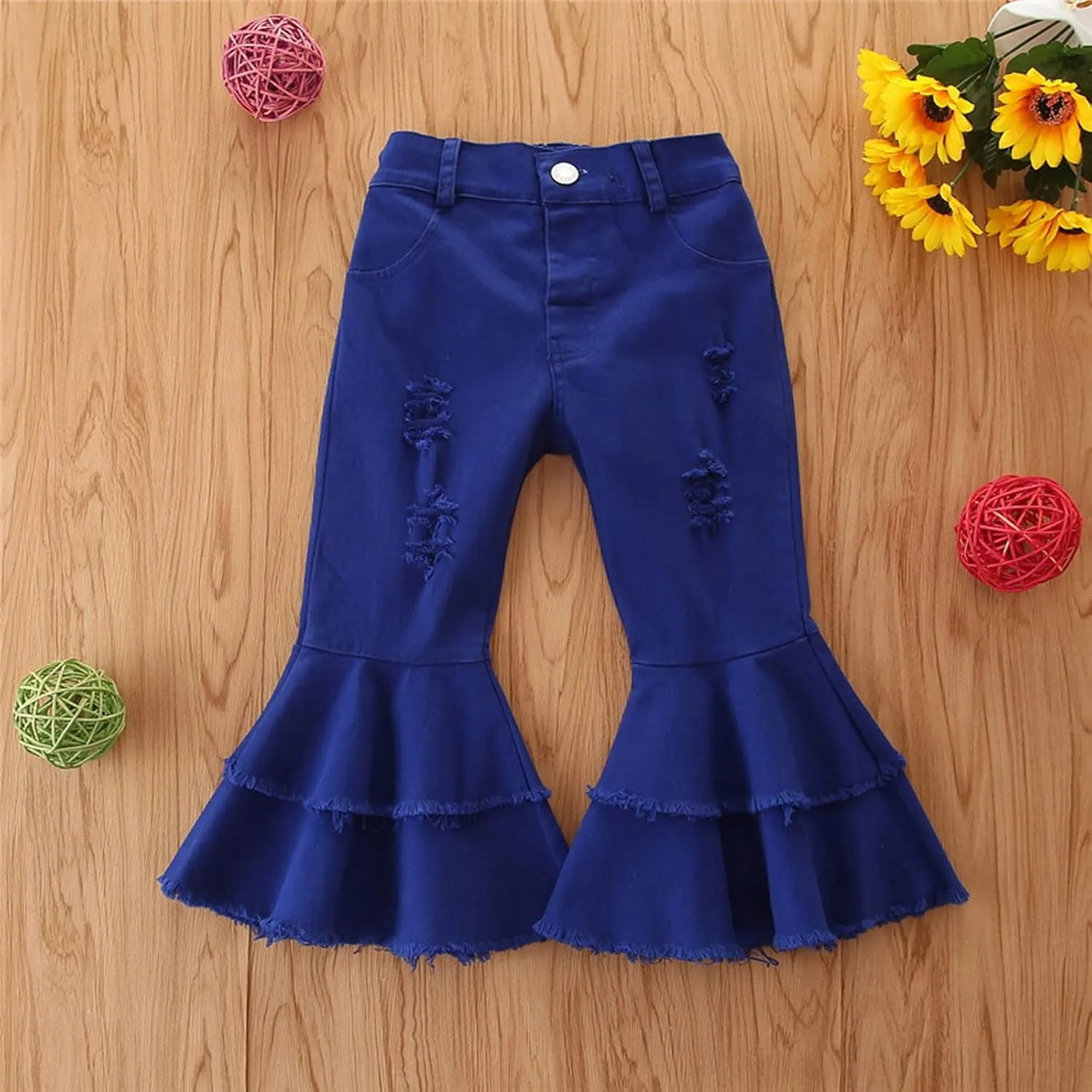 Ripped Jeans Toddler Baby Girl Flared Denim Pants Ruffled Wide Legs Jeans Kids High Waist Bell Bottom Pants Jeans Kids