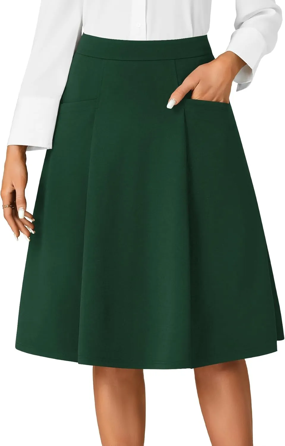 Rooscier Women's High Waist Pleated Flared A Line Elegant Midi Skirt with Pockets