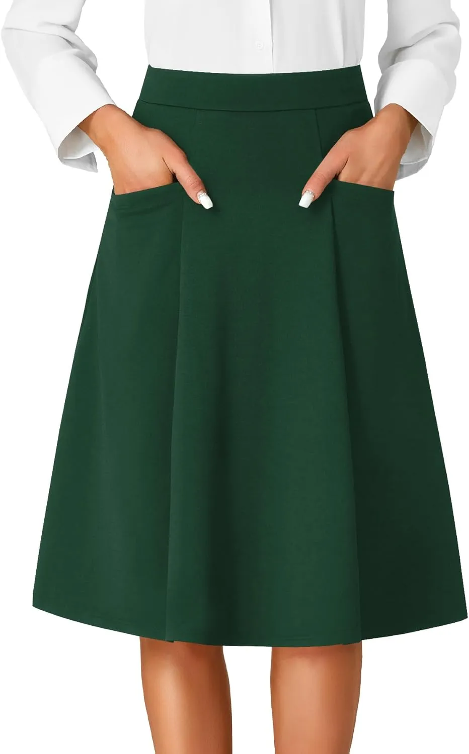 Rooscier Women's High Waist Pleated Flared A Line Elegant Midi Skirt with Pockets