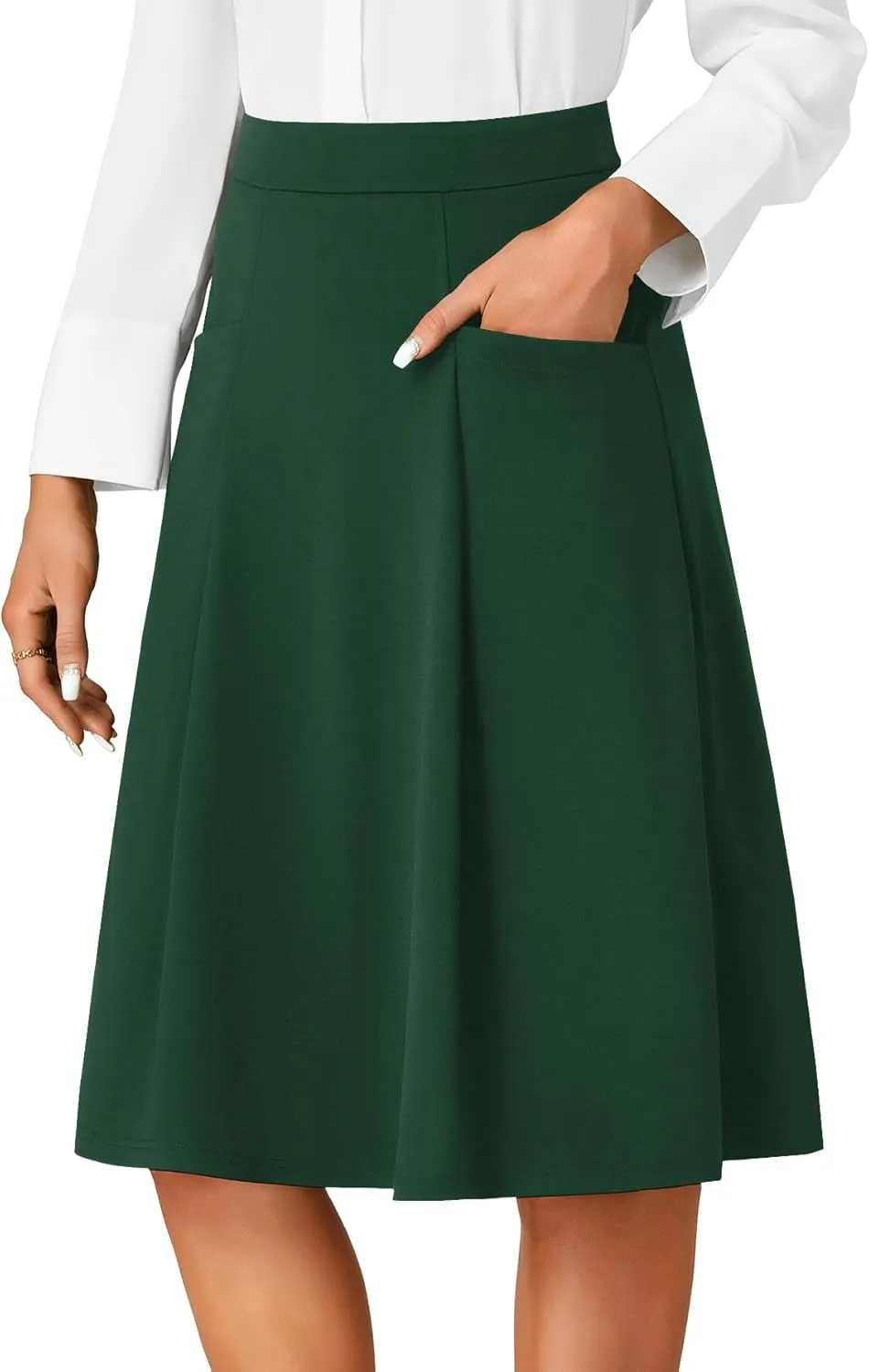 Rooscier Women's High Waist Pleated Flared A Line Elegant Midi Skirt with Pockets