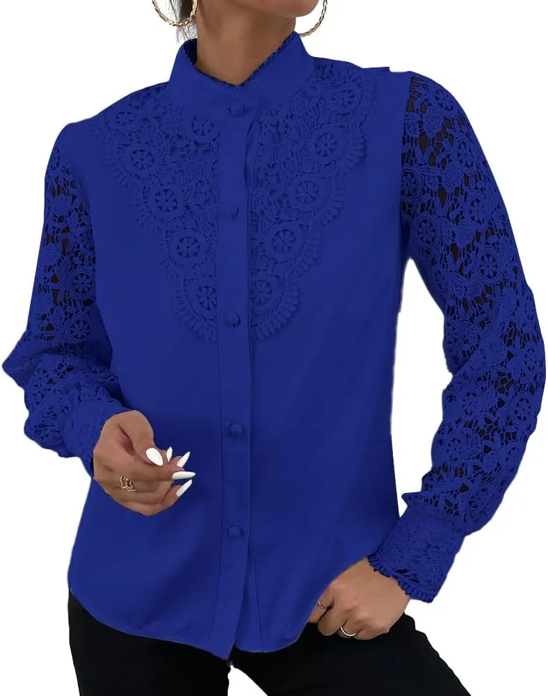Rooscier Women's Lace Crochet Mock Neck Long Sleeve Button Elegant Blouse Shirt Top