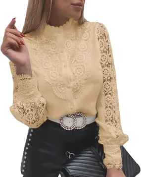 Rooscier Women's Lace Crochet Mock Neck Long Sleeve Button Elegant Blouse Shirt Top